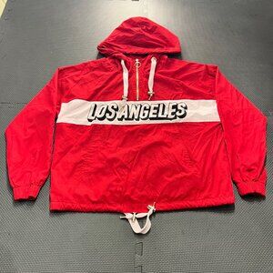 Forever 21 Los Angeles Red Windbreaker Jacket Hooded Pullover Drawstring Hem Wom